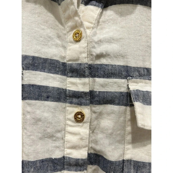 Ellen Tracy Button Popover Blouse Womens  100% Linen Blue White Striped Large - Picture 2 of 7